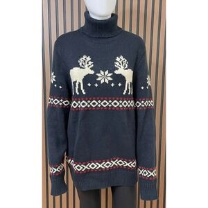 H&M LOGG Men's M Navy Blue Reindeer Christmas Fair Isle  Sweater Knit Nordic‎